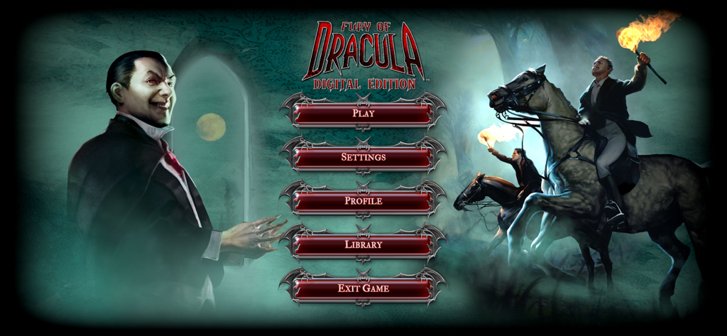 Fury of Dracula - Pantalla del menú principal de Fury of Dracula Digital Edition con arte gótico de personajes y opciones del juego.