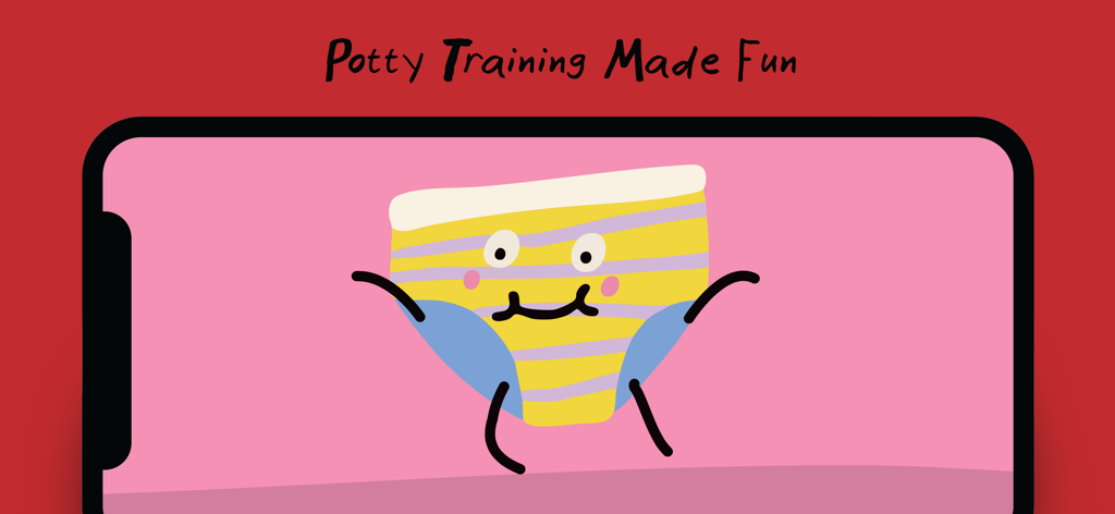 Potty Training App for Kids - Potty Training Made Fun app intro screen featuring a cute cartoon underwear character on a smartphone display.