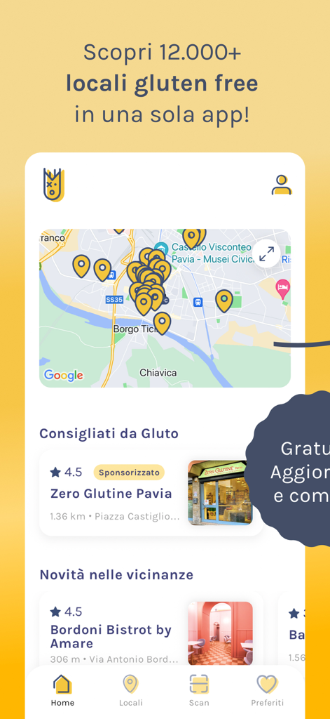 Gluto © Locali senza glutine - Startbildschirm der Gluto-App mit einer Karte von glutenfreien Restaurants und lokalen Empfehlungen