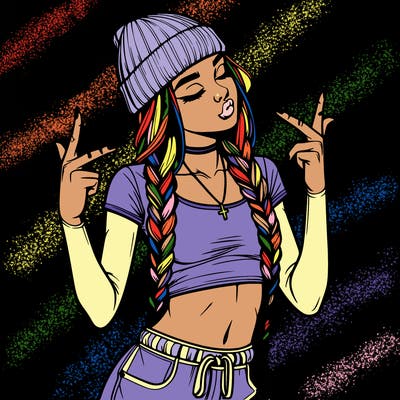 realistic teenage girl with braids and a beanie and crop top doing 🫶🏼