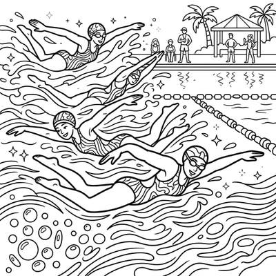 Get ready to make a splash with this exciting coloring page featuring energetic butterfly swimmers! Perfect for kids aged 4-8, it captures the thrill of a swimming race with fun details.