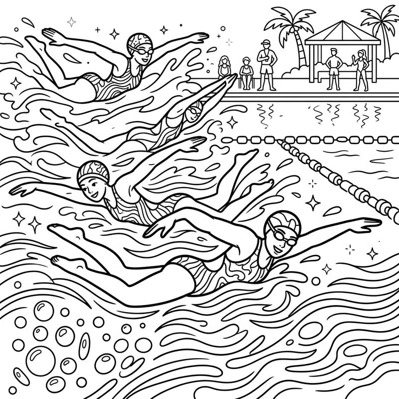 Get ready to make a splash with this exciting coloring page featuring energetic butterfly swimmers! Perfect for kids aged 4-8, it captures the thrill of a swimming race with fun details.