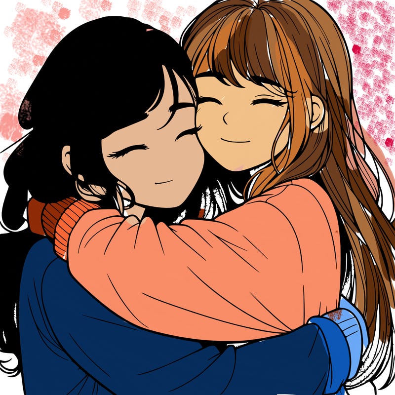 realistic two girls hugging
