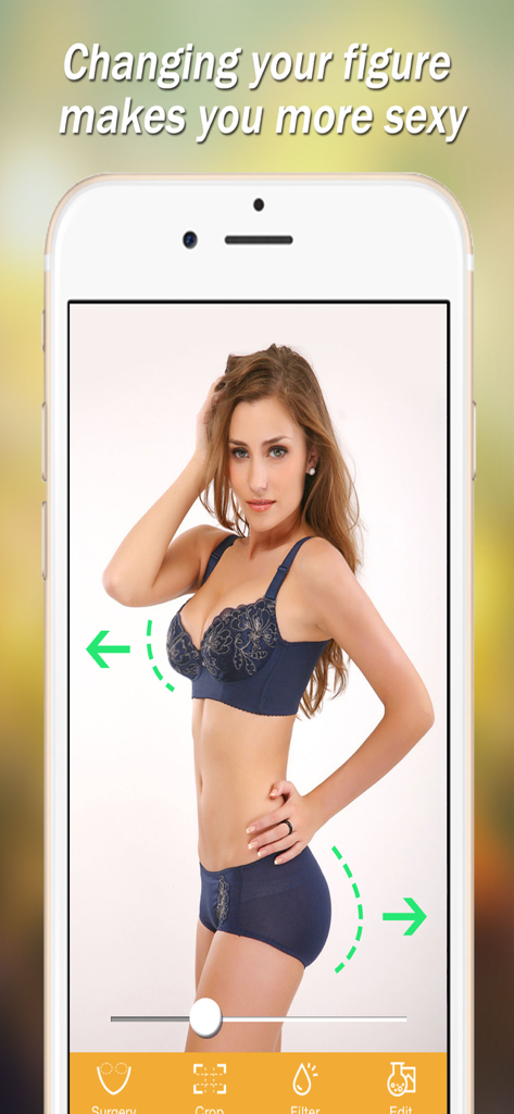 Une interface mobile pour l'application Éditeur de Photos montrant des fonctionnalités de modelage du corps sur un modèle féminin.