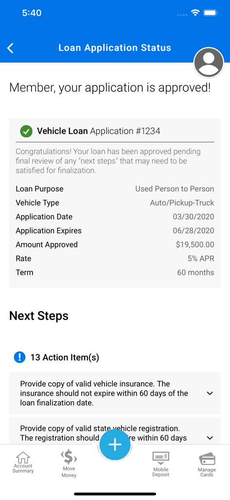 RBFCU - A mobile screen showing an approved RBFCU vehicle loan application status and required next steps.