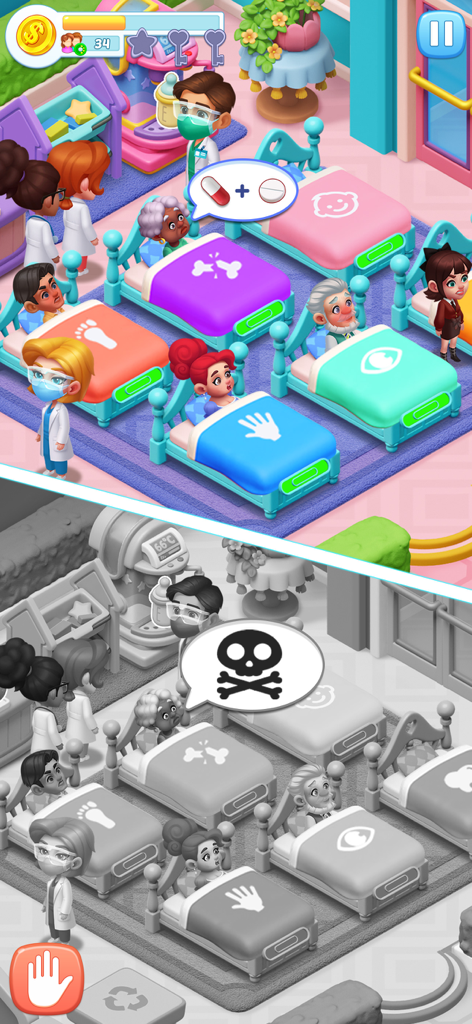 鮮やかな病院の病棟のゲームプレイと、頭蓋骨のアイコンが付いた灰色の緊急状態の比較