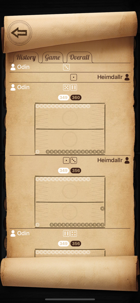Narde ∞ - Ein Spielverlaufslog im Narde-Brettspiel, das Züge und Würfelwürfe auf einer Pergament-Scroll-Oberfläche anzeigt.