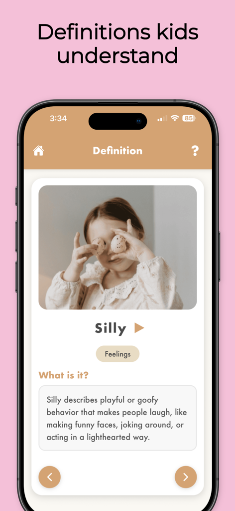 Kids Dictionary School Edition - Educational app interface displaying a child-friendly definition and photo for the word Silly.
