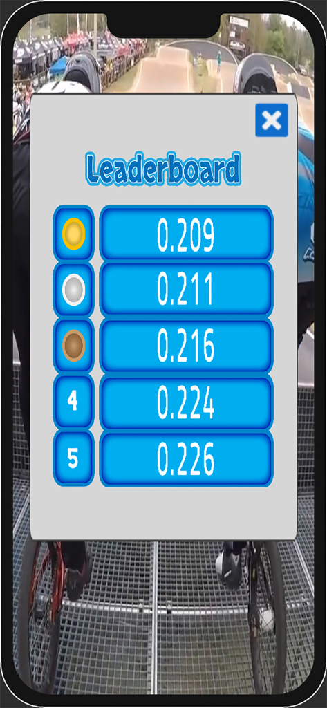 BMX Gate Reaction Time - Leaderboard showing top five reaction times in the BMX Gate Reaction Time app