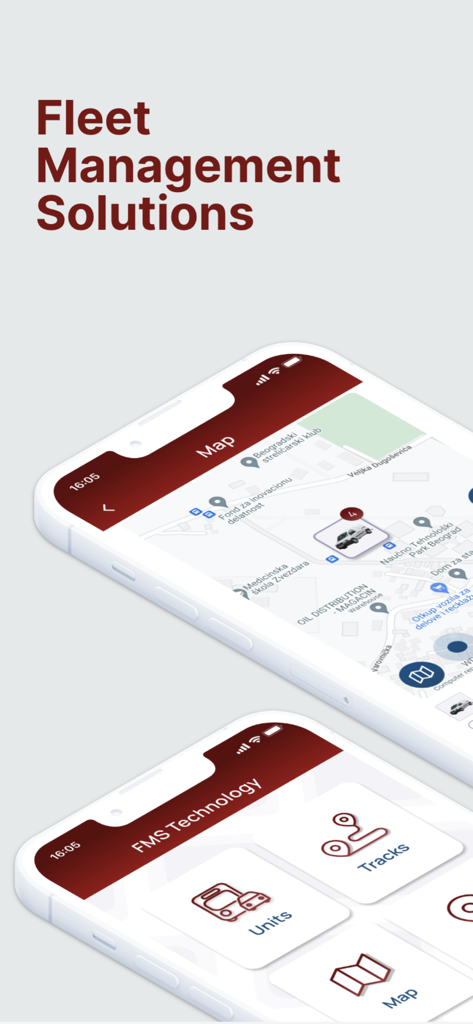 FMS Technology - Interfaccia dell'app mobile FMS Technology che mostra il tracciamento dei veicoli in tempo reale su una mappa e funzionalità della dashboard come unità e tracce