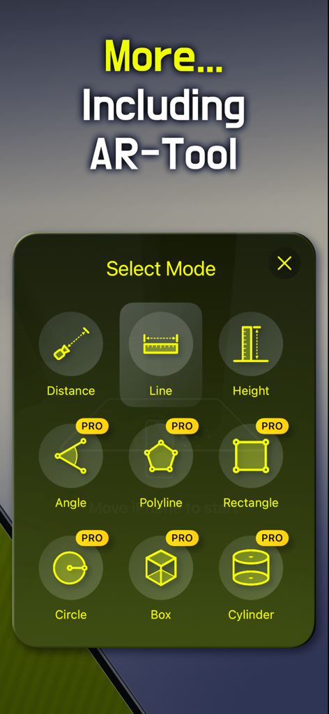 Bubble Level: AR, Angle Finder - Una pantalla de menú en la aplicación Bubble Level que muestra varias herramientas de medición de realidad aumentada, incluyendo línea de distancia y altura