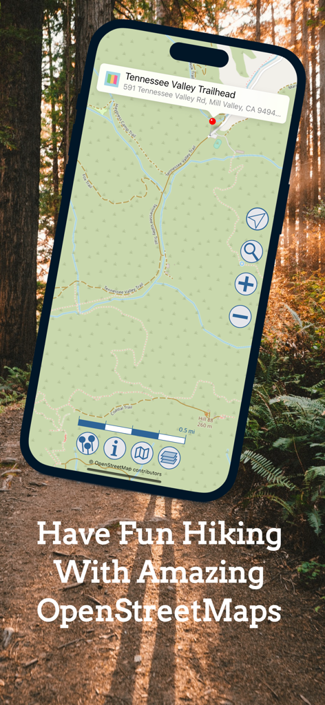iPhone mostrando la aplicación OpenStreets 4 con un mapa de ruta de senderismo del sendero Tennessee Valley Trailhead