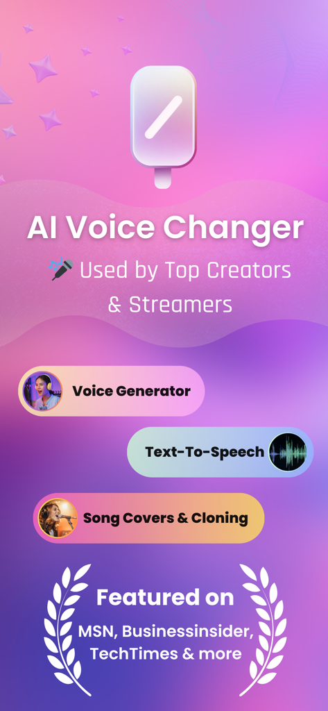 Voice Generator & Changer Pro - AI Voice Changer app dashboard showing Voice Generator, Text-To-Speech, and Song Covers features.