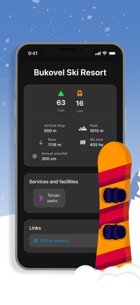 Ski Compass - Écran de l'application Ski Compass montrant les statistiques de la station de Bukovel comme les pistes, les remontées et les chutes de neige