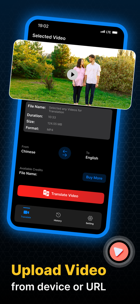 Video Translator: Translate - Interface of the Dubsy video translator app showing options to upload and translate a video from Chinese to English.