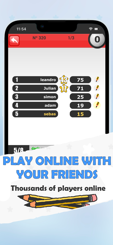 Pinturillo 2 - Draw & guess - Leaderboard screen of Pinturillo 2 showing player rankings and scores for an online match.