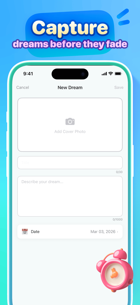 Bali - Wake Up Together - Mobile screen showing a minimalist dream journal entry with fields for a title and description