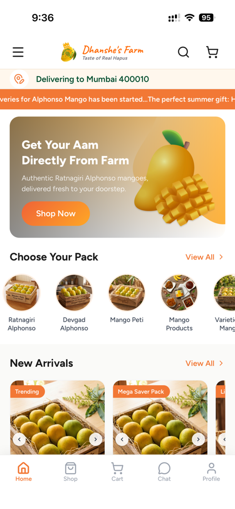 Dhanshe Farm - Dhanshe Farm mobile app homepage featuring fresh Ratnagiri and Devgad Alphonso mango shopping options