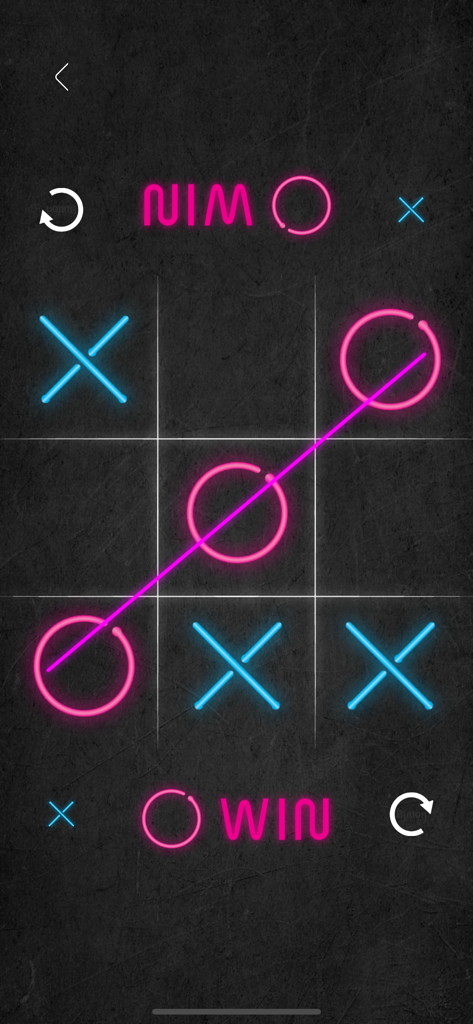 XO - Tic Tac Toe - 2 Player - Tic Tac Toe gameplay with neon pink O and blue X on a dark background showing a diagonal win