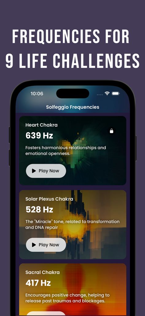 Solfeggio Frequencies - Chakra - Schermata dello smartphone che mostra diverse frequenze Solfeggio e descrizioni di guarigione dei chakra