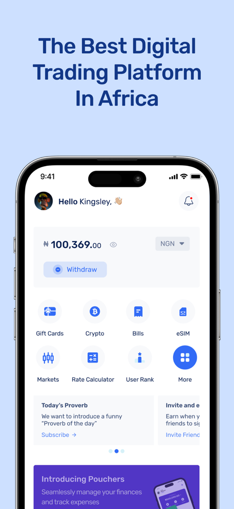 Screenshot of the Prestmit app dashboard showing NGN balance and trading options for gift cards and crypto