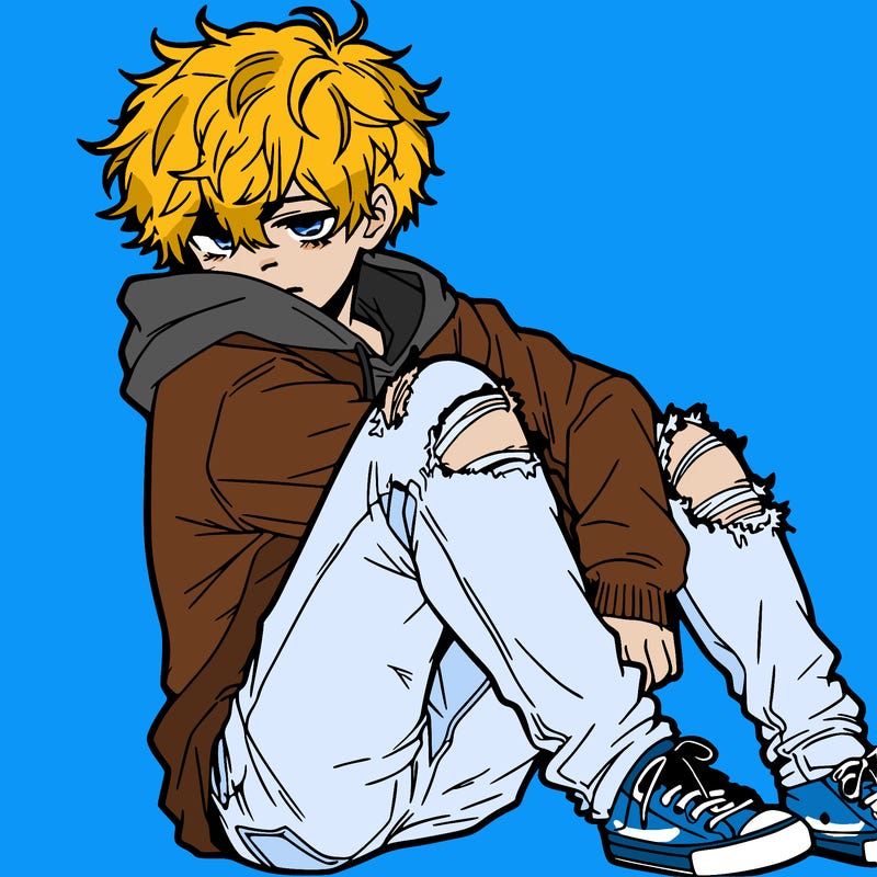 a male hoddie ripped jeans messy hair anime