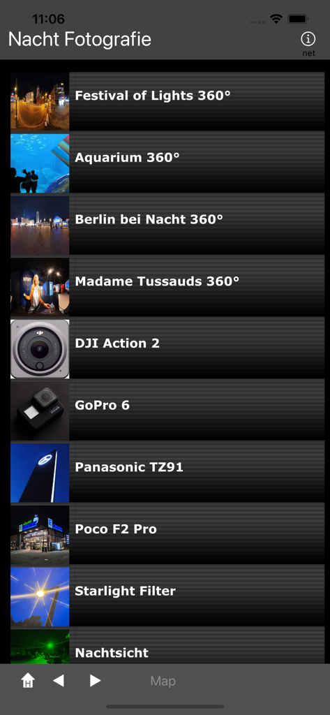A list of categories in the Night-Photography app featuring 360 degree tours and camera gear specific galleries like GoPro and DJI.