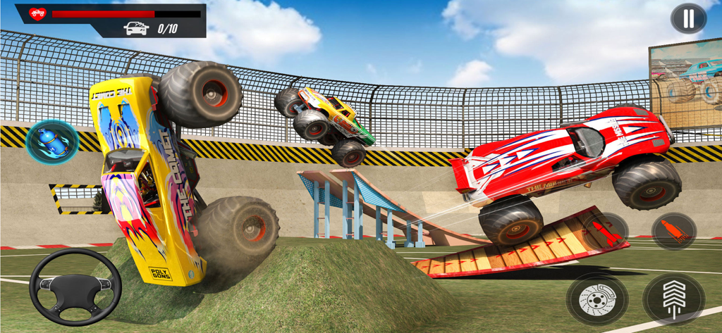 Monster trucks realizando saltos y acrobacias en una arena de estadio