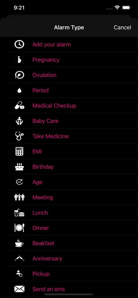 ADP- Aviation Dictionary Prem - A list of alarm categories within the app including medical checkup pregnancy and daily reminders