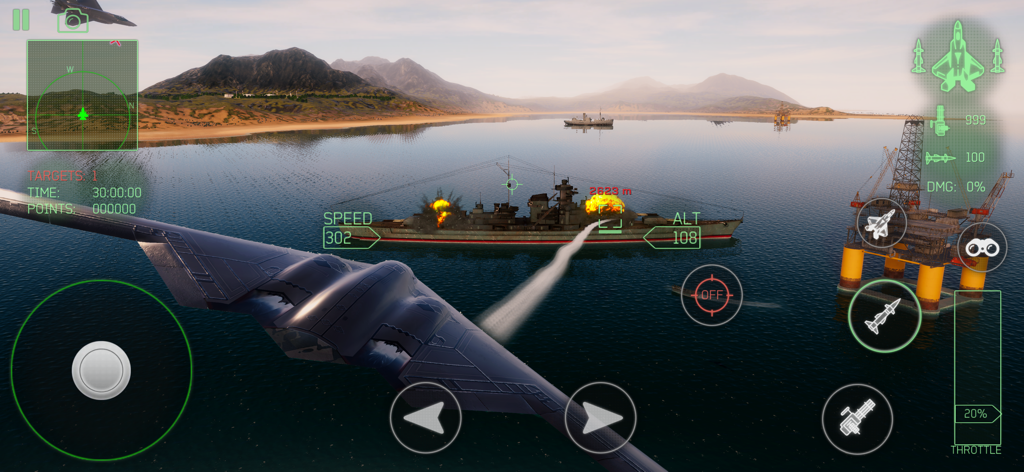 Fighter Jet Combat : Warzone - A stealth bomber attacking an enemy warship in the Fighter Jet Combat Warzone mobile game.