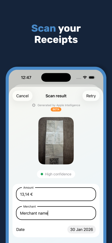 Numeo app using Apple Intelligence to scan a receipt and automatically fill transaction details like amount and merchant name