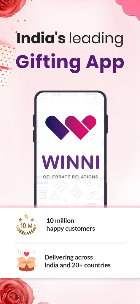 Winni - Cake, Flowers & Gifts - Winni gifting app promotional screen showing 10 million happy customers and delivery across India and 20 plus countries