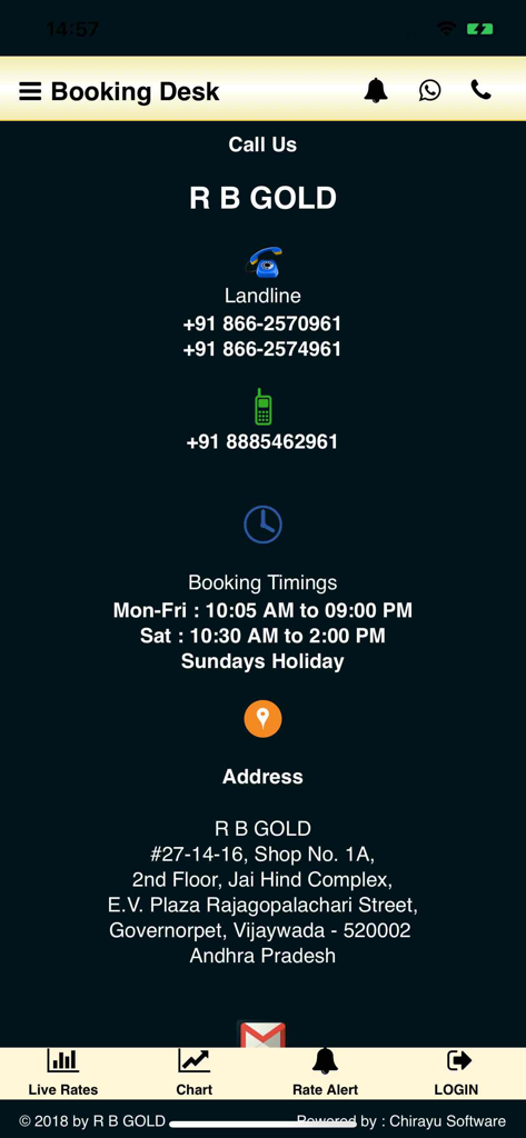 RB Gold Spot - RB Gold Spot app booking desk screen showing contact numbers booking hours and physical address in Vijayawada