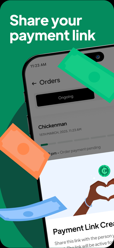 Chowdeck | Food Delivery - Mobile app interface of Chowdeck showing the feature to share a payment link for an ongoing food order.