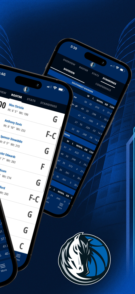 Schermate dell'app ufficiale dei Dallas Mavericks che mostrano l'elenco dei giocatori e la classifica della squadra.