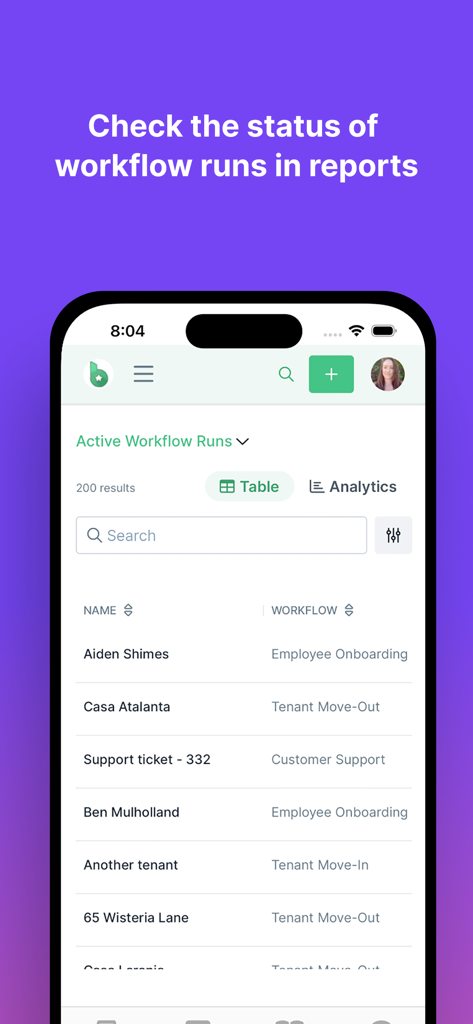 Process Street - Aplicação móvel Process Street a mostrar execuções de fluxo de trabalho ativas e relatórios de status
