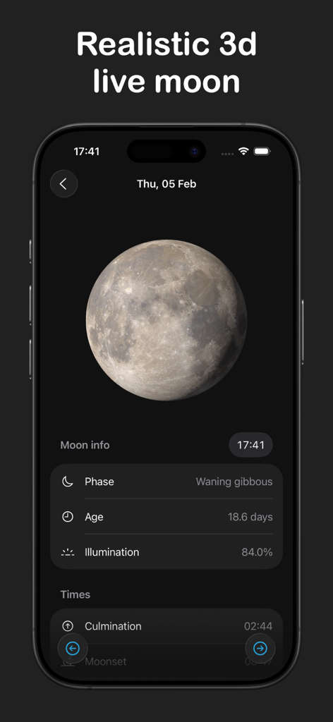 Moon Phase Calendar & Tracker - 月相データと照明率が表示されたiPhone画面上の詳細な3D月シミュレーション