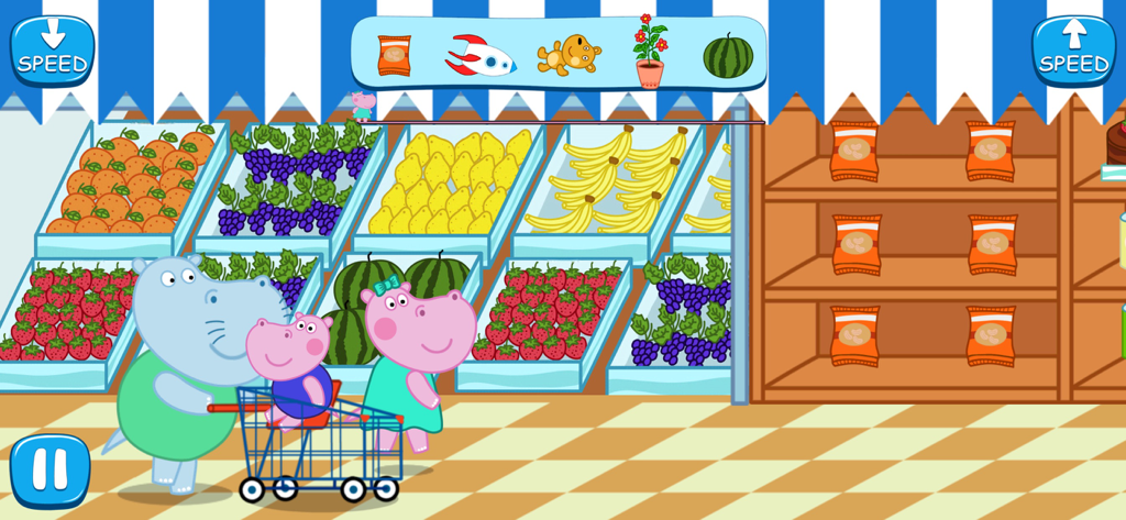 Funny Supermarket game - A hippo family shopping for fruits and vegetables in a colorful supermarket game scene
