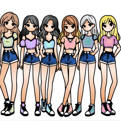 a group of girls wearing crop tops and shorts