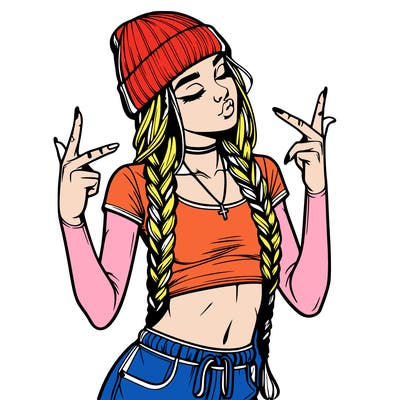 realistic teenage girl with braids and a beanie and crop top doing 🫶🏼