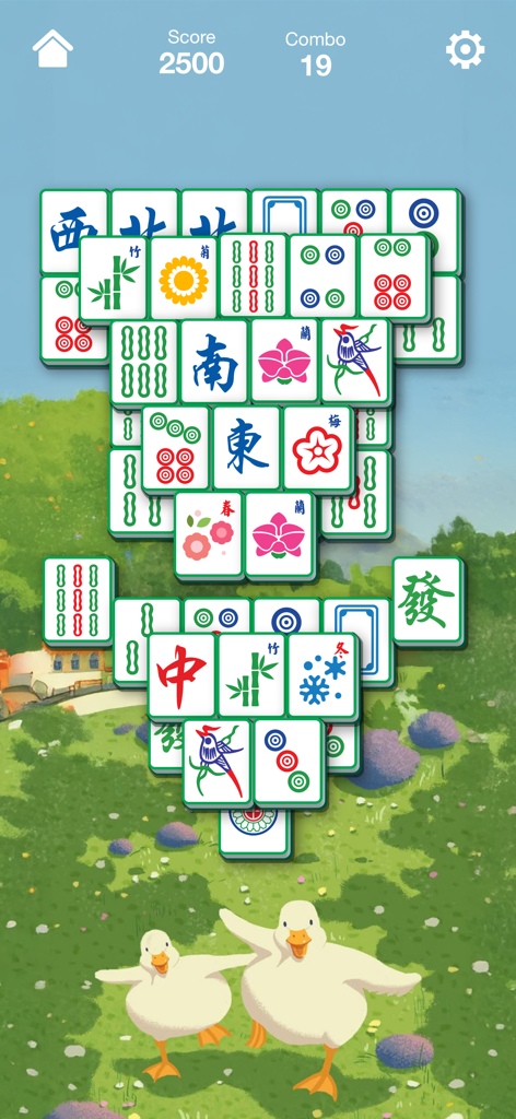 Block puzzle pro Gem for watch - Jogabilidade de Mahjong solitaire com peças tradicionais e dois patos brancos em um prado cênico.