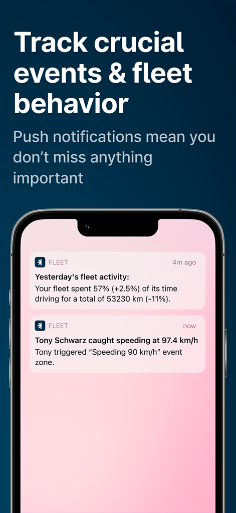Fleet: Mobile Fleet Management - A smartphone displaying push notifications from the Fleet management app showing fleet activity stats and driver speeding alerts