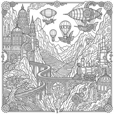Dive into a breathtaking world where ancient valleys meet futuristic machinery in this stunning Steampunk coloring page. Discover intricate details of majestic landscapes, towering industrial structures, and fantastical airships waiting for your artistic touch.