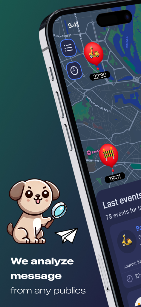 Map Alerts – Live Map Radar - Mapa de eventos en vivo mostrando ubicaciones de mensajes públicos de Telegram