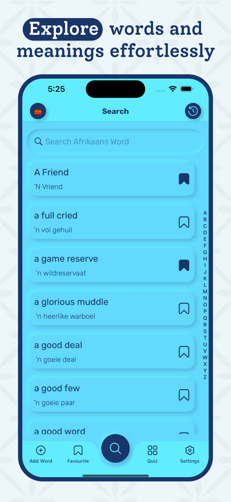Afrikaans Dictionary - Offline - Tela de resultados de pesquisa no aplicativo Dicionário Suaíli mostrando frases em inglês traduzidas para Suaíli com ícones de marcador.