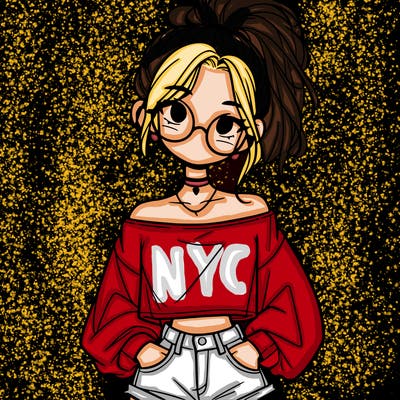 girl with a messy ponytail glasses a baggy crop top and jean shorts