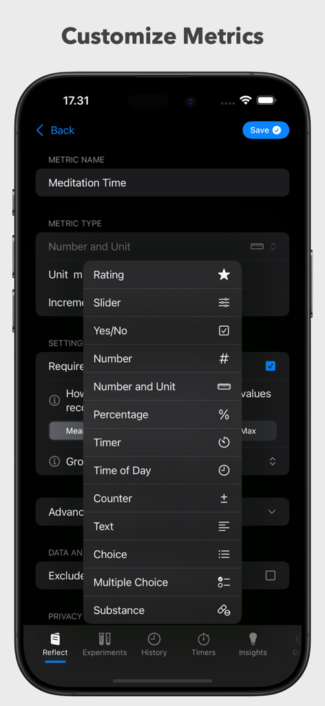 Interface for customizing tracking metrics in the Reflect app showing a variety of data input types