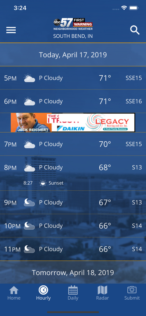 ABC 57 Weather app displaying hourly forecast for South Bend Indiana