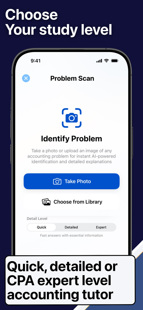 Accounting AI Homework Solver - Accounting AI app interface for scanning homework problems and selecting study levels