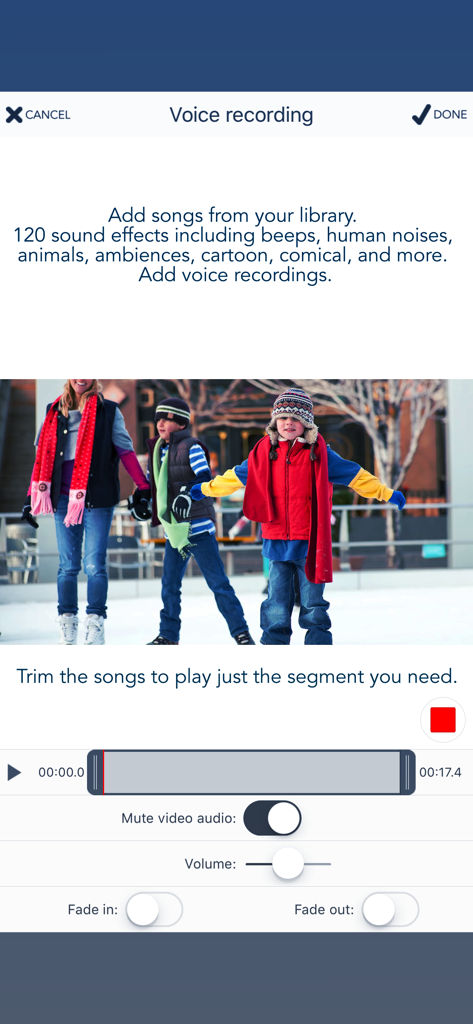 Interfaccia dell'app Videocraft che mostra opzioni di registrazione vocale e di editing audio per un video di famiglia